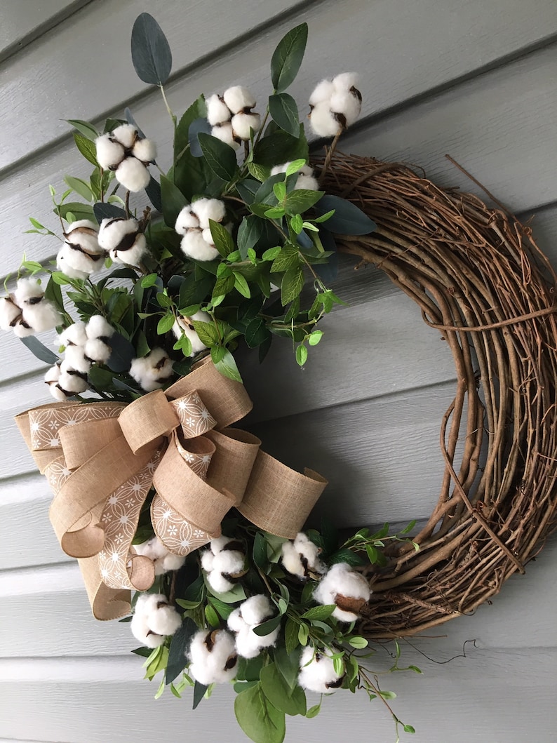 Farmhouse Cotton Wreath for Front Door Year Round Wreath Country Wreath Welcome Wreath Rustic Wreath Greenery Cotton Wreath