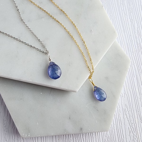 Gold silver Tanzanite briolette necklace