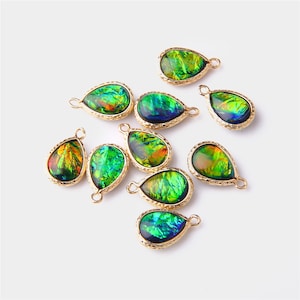 5pcs,Green Opal Charm Pandent,Opal TearDrop Necklace Pendant,Gold Plated Drop Charm Pendant,Opal Glass Charm,Gemstone Pendant,12mmx20mm