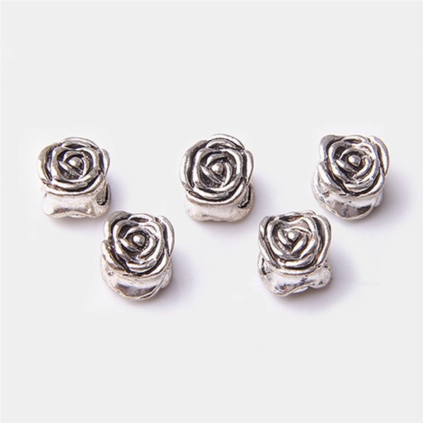 30pcs Beautiful Double Sided Metal Rose Flower Spacer Beads,Antique Silver Rose Flower Beads,Large Hole Metal Beads,Jewelry Making,12mmx8mm