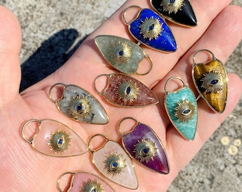 16X33MM Natural Gemstone Amethyst Tiger Eye Stone Charm Heart Shape Necklace Pendant DIY Jewelry Evil Eye Pattern Design Accessories charm
