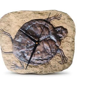 Fossil sköldpadda väggklocka: Förhistorisk historia i tidens rytm; djurfossilavtryck dinosaurie gåva skelett