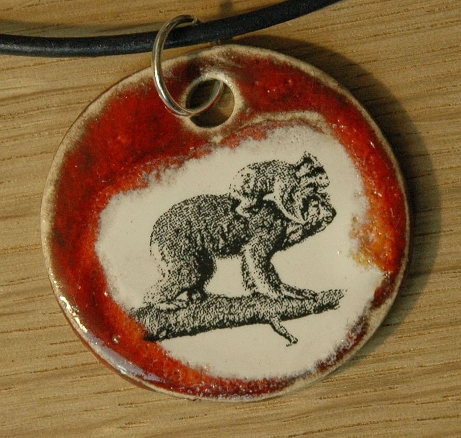 Orginal handicraft pendant with a fire fox; red panda koala bear zoo jewelry charm science biology vintage marsupial animal Australia
