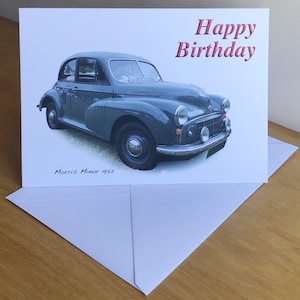 Morris Minor 1952 - Tarjeta de felicitación de feliz cumpleaños, feliz aniversario, feliz jubilación o simple con sobre (5 x 7 pulgadas)