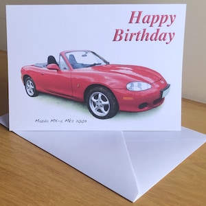 Mazda MX-5 Mk2 2003 (Rot) -5 x 7 in Geburtstagskarte, alles Gute zum Jubiläum, glücklicher Ruhestand oder schlichte Grußkarte mit Umschlag