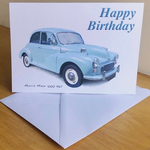 Morris Minor 1000 1962 (Hellblau) – 12,7 x 17,8 cm große Grußkarte „Happy Birthday“, „Happy Anniversary“, „Happy Retirement“ oder einfache Grußkarte mit Umschlag