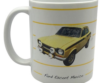 Ford Mexico Mk1 1974 (Yellow) - 11oz Ceramic Mug - Plain or Design with Lines - Single, Pair or Set of Four