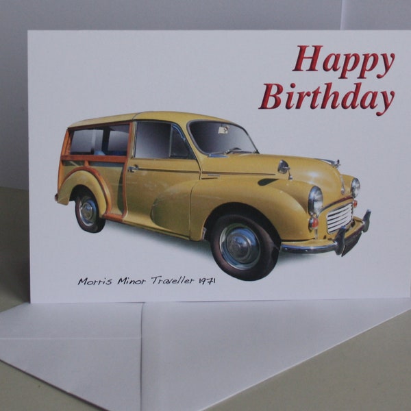 Morris Minor Traveller 1971 (Yellow) - 5 x 7in Happy Birthday, Happy Anniversary, Happy Retirement or Plain Greeting Card with Envelope