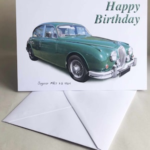 Jaguar Mk2 3.8 1964 (verde) - 5 x 7 pulgadas Feliz cumpleaños, feliz aniversario, feliz jubilación o tarjeta de felicitación sencilla con sobre