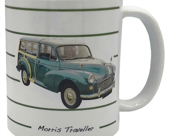 Morris Minor Traveller 1966 (verde) - Tazza in ceramica da 11 once - Semplice o con righe - Singola, coppia o set di quattro