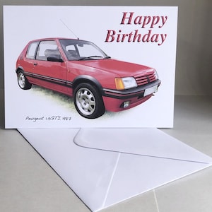 Peugeot 1.9GTI 1987 - Carte de voeux d'anniversaire, de retraite ou simple avec enveloppe