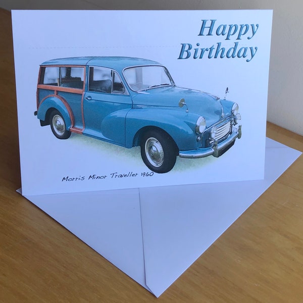 Morris Minor Traveller 1960 (Mid Blue) - 5 x 7in Happy Birthday, Happy Anniversary, Happy Retirement or Plain Greeting Card with Envelope