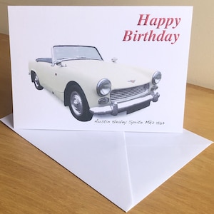 Austin Healey Sprite Mk2 1963 – 12,7 x 17,8 cm große Grußkarte „Happy Birthday“, „Happy Anniversary“, „Happy Retirement“ oder einfache Grußkarte mit Umschlag