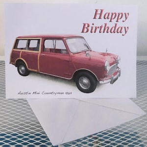 Mini Austin Countryman 1963 - Tarjeta de felicitación de feliz cumpleaños, feliz aniversario, feliz jubilación o simple con sobre, 5 x 7 pulgadas