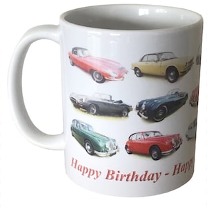 Jaguar Classic Cars - 11oz Ceramic Mug - Happy Birthday or Plain - Single, Pair or Set of Four - Ideal Present or Souvenir