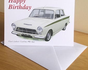 Ford Lotus Cortina Mk1 1964 - 5 x 7in Happy Birthday, Happy Anniversary, Happy Retirement or Plain Greeting Card with Envelope