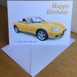 Mazda MX-5 Mk2 2003 (Amarillo) - Tarjeta de felicitación de 5 x 7 pulgadas con sobre para feliz cumpleaños, aniversario, jubilación o simplemente para ti.