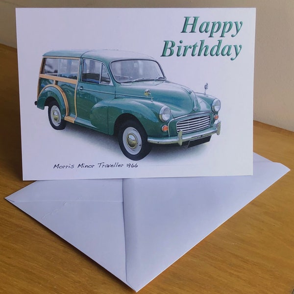 Morris Minor Traveller 1966 (Green) - 5 x 7" Happy Birthday, Happy Anniversary, Happy Retirement or Plain Greeting Card with Envelope