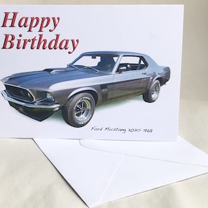 Ford Mustang 302 1968 - 5 x 7 pouces Joyeux anniversaire, joyeux anniversaire, bonne retraite ou carte de voeux simple avec enveloppe