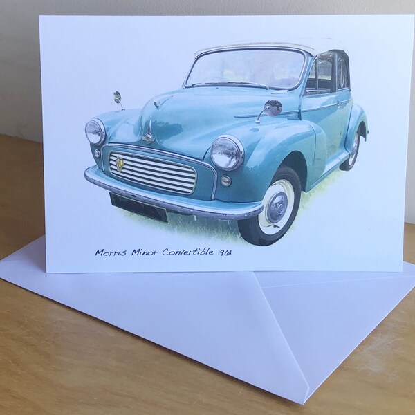 Morris Minor Convertible 1961 (Pale Blue) - 5 x 7in Happy Birthday, Happy Anniversary, Happy Retirement or Plain Greeting Card with Envelope