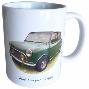 Mini Cooper S 1071 cm3 de 1964 - Mug en céramique 11 oz - L&#39;unité, la paire ou un lot de quatre - Le cadeau parfait pour les amateurs de mini