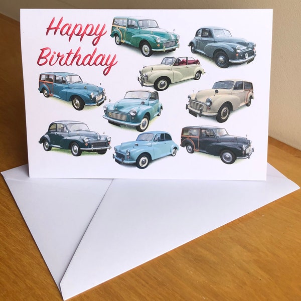Morris Minor Classic Cars - 5 x 7in Happy Birthday, Happy Anniversary, Happy Retirement or Plain Greeting Card with Envelope