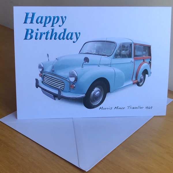 Morris Minor Traveller 1969 (Pale Blue) - 5 x 7in Happy Birthday, Happy Anniversary, Happy Retirement or Plain Greeting Card with Envelope
