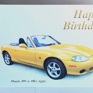 Mazda MX-5 Mk2 2003 (geel) - 5 x 7"-wenskaart met envelop - Gefeliciteerd met je verjaardag, gelukkige verjaardag, gelukkig pensioen of gewoon