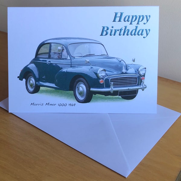 Morris Minor 1000 1969 (Dark Blue) - 5 x 7in Happy Birthday, Happy Anniversary, Happy Retirement or Plain Greeting Card with Envelope