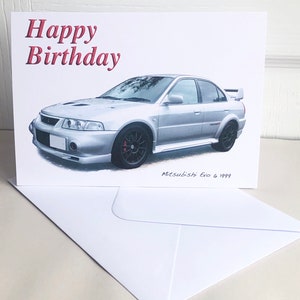 Mitsubishi Evo 6 1999 - 5 x 7 pulgadas Feliz cumpleaños, feliz aniversario, feliz jubilación o tarjeta de felicitación sencilla con sobre