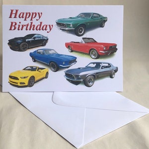 Voitures américaines Ford Mustang - 5 x 7 pouces Carte de joyeux anniversaire, joyeux anniversaire, bonne retraite ou simple avec enveloppe