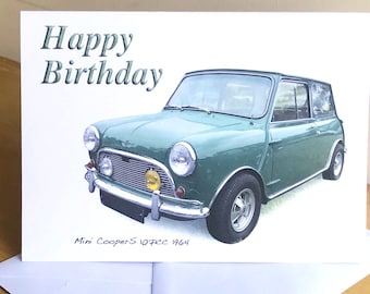 Mini Cooper S 1071cc 1964 - Tarjeta de felicitación de 5 x 7 pulgadas con sobre - Feliz cumpleaños, feliz aniversario, feliz jubilación o simple