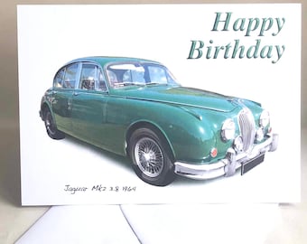 Jaguar Mk2 3.8 1964 - 5x7in Greeting Card with Envelope - Happy Birthday, Anniversary, Retirement or Plain