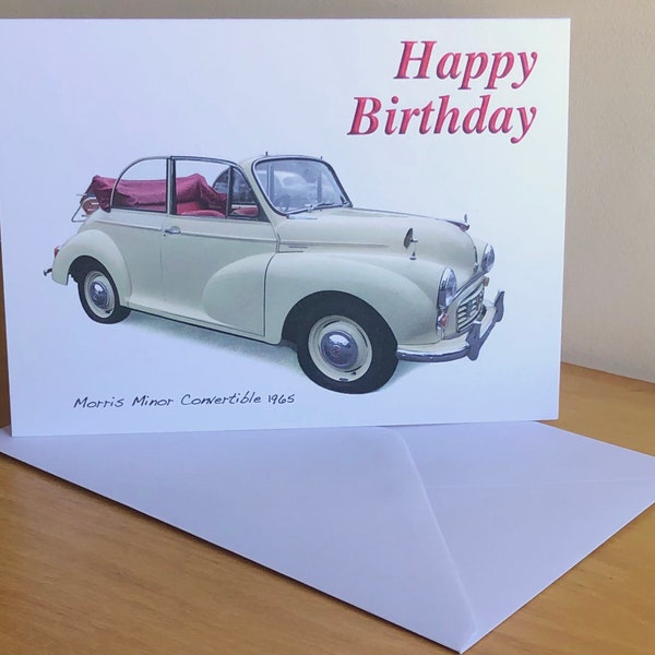 Morris Minor Convertible 1965 (Cream) - 5 x 7in Happy Birthday, Happy Anniversary, Happy Retirement or Plain Greeting Card with Envelope