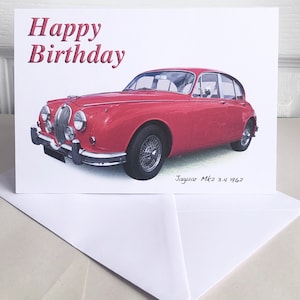 Jaguar Mk2 3.4 1962 (rojo) - 5 x 7 pulgadas Feliz cumpleaños, feliz aniversario, feliz jubilación o tarjeta de felicitación sencilla con sobre