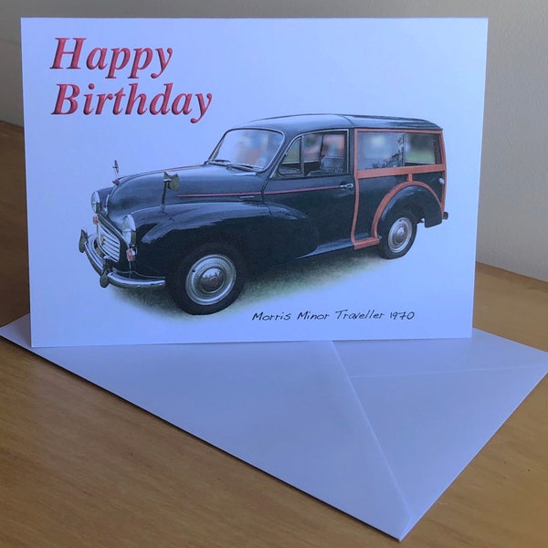 Morris Minor Traveller 1970 (Black) - 5 x 7in Happy Birthday, Happy Anniversary, Happy Retirement or Plain Greeting Card with Envelope