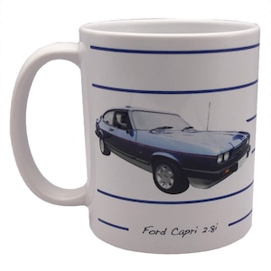 Ford Capri 2.8i 1986 (blauw) - 11oz keramische mok - enkel of set van twee - effen of ontwerp met lijnen - verkrijgbaar met een wenskaart
