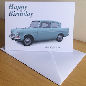 Ford Anglia 1967 - 5 x 7 cali Wszystkiego najlepszego z okazji urodzin, rocznicy, przejścia na emeryturę lub zwykła kartka z kopertą