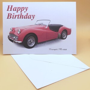 Triumph TR3 1959: 5 x 7 pulg. Feliz cumpleaños, Feliz aniversario, Feliz jubilación o Tarjeta de felicitación sencilla con sobre