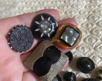 Antique Celluloid Buttons - Black & Rhinestone