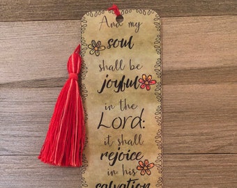 Bible Verse Bookmark - Psalm 35:9 KJV "my soul shall be joyful in the Lord" – with charm and handmade tassel - unique design