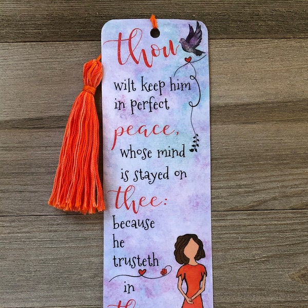 Bible Verse Bookmark - Isaiah 26:3 KJV - "Thou wilt keep him in perfect peace" – with charm and handmade tassel - unique design