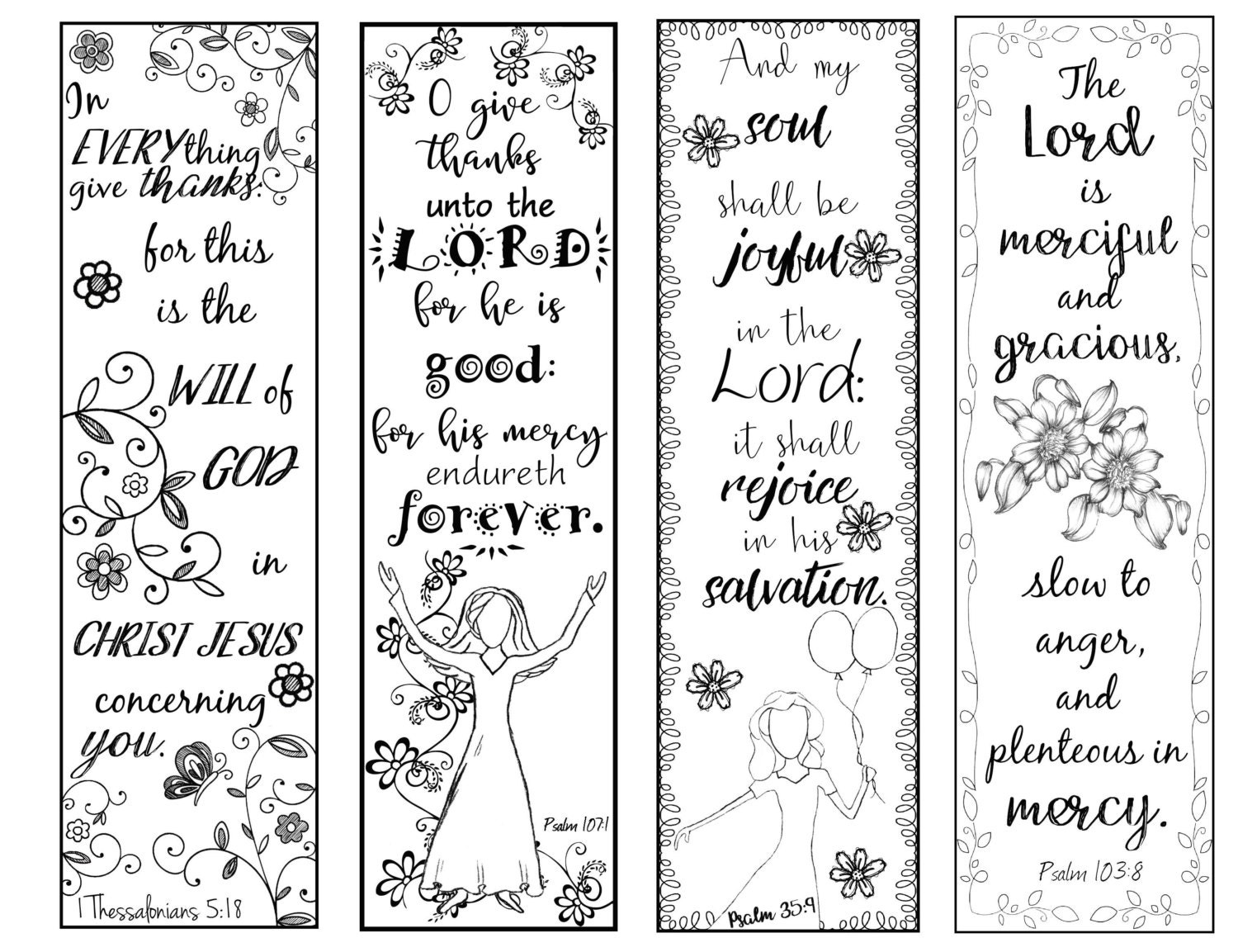 Bible Verse Bookmarks on Thankfulness B/W Color Your Own Print and Cut