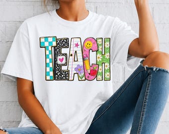 Beach Letters Floral Graphic T-shirt | Colorful Retro Flowers, Smiley Pattern