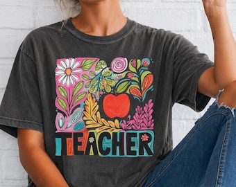 Comfort Colors Teacher Floral Apple Shirt, Unisex Educator Tee, Teaching Supplies Graphic