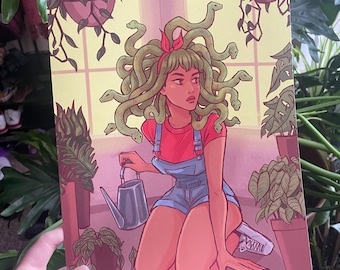 May include: A woman with green snakes for hair is kneeling on a pink floor, watering plants. She is wearing a red shirt, blue overalls, and a red bandana. The plants are in pots and there is a window in the background.