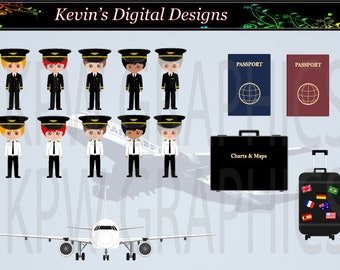 Cute Boy Aircraft Pilots Clip-art Set in a PNG (300ppi) format. Personal & Small Commercial use