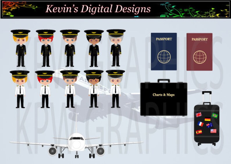 Cute Boy Aircraft Pilots Clip-art Set in a PNG 300ppi Format. Personal ...