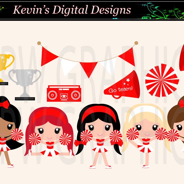 Red and White Cheerleader Clip-art Set in a PNG (300ppi) format. Personal & Small Commercial use (024)