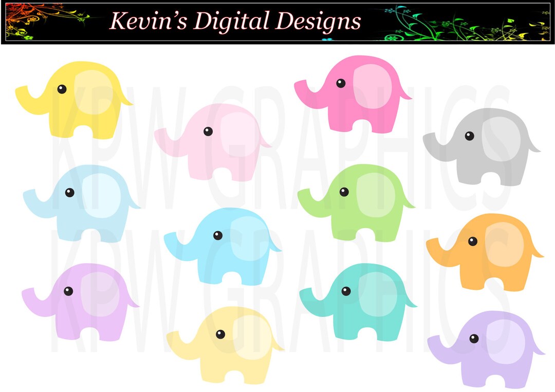 Colorful Rainbow Cute Elephants Clipart Set in a PNG Format. Personal ...